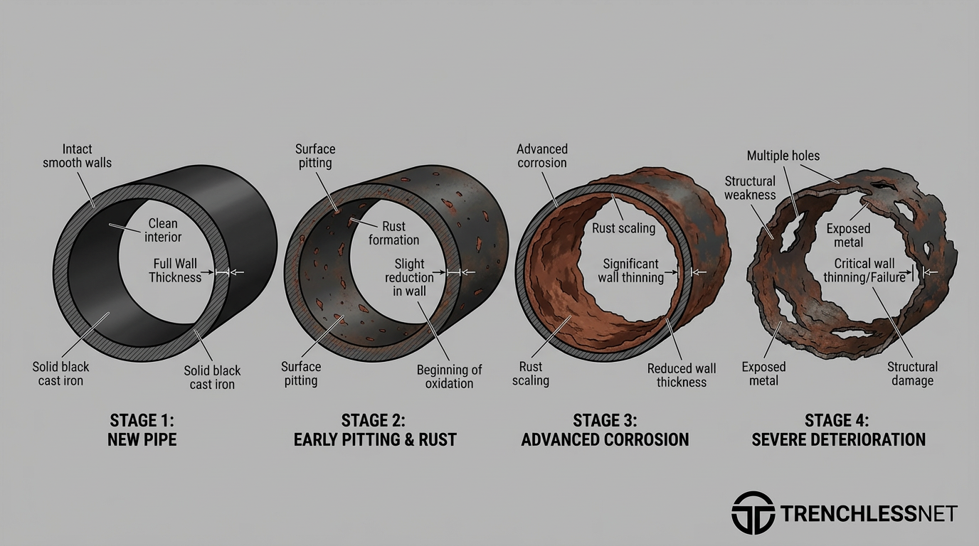 Cast iron sewer pipe deterioration stages — new pipe through severe scaling and structural wall thinning