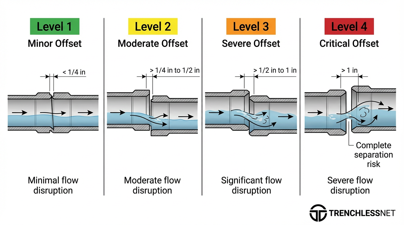 Orangeburg pipe joint-offset severity levels — minor offset to complete separation, the failure mode that took out post-war Westerville and Upper Arlington laterals