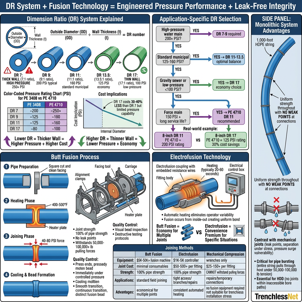 HDPE Dimension Ratio (DR) system and butt-fusion joining technology — the modern PVC/HDPE-era pipe spec sheet