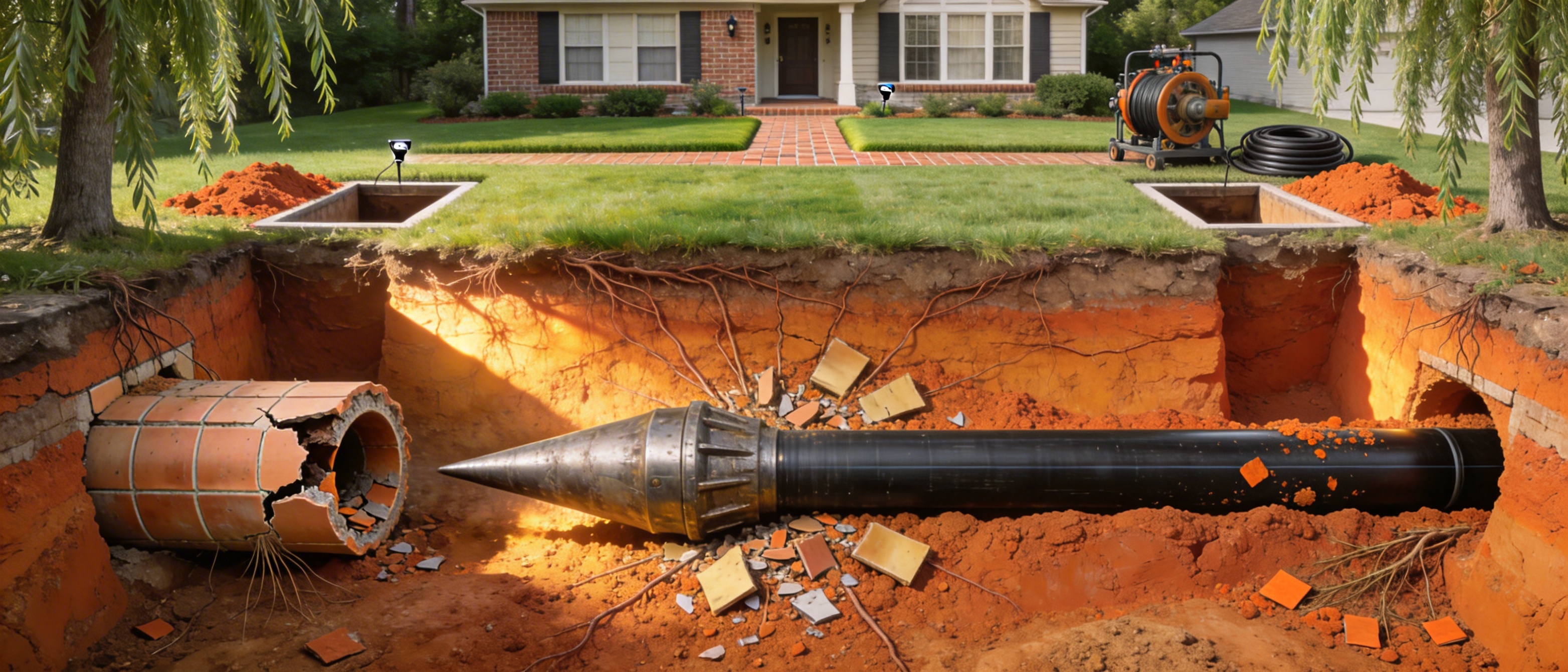 Trenchless pipe-bursting cross-section — old clay lateral broken open while the new HDPE replacement is pulled through the same path beneath the lawn