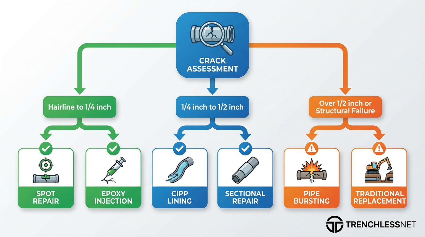Cracked-pipe repair decision tree — by crack severity, route the lateral to spot repair, epoxy injection, CIPP lining, sectional repair, pipe bursting, or open-cut replacement